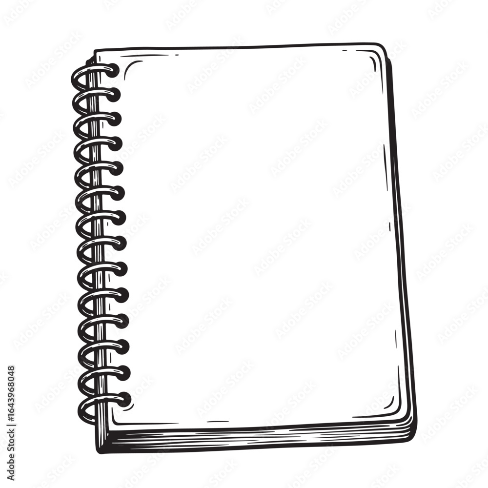 Poster hand drawn illustration of a blank spiral bound notebook with a clean white empty space