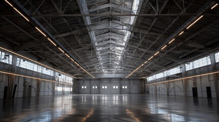 Expansive Industrial Hangar with Bright Lighting and Open Space