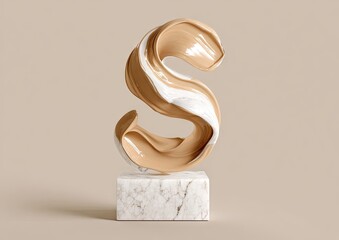 Swirling beige and white cream forming an 'S' shape, rests on a small, square marble base against a neutral background