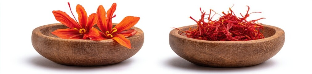 Two wooden bowls  one holds vibrant orange saffron crocus flowers, the other holds a pile of dried red saffron threads