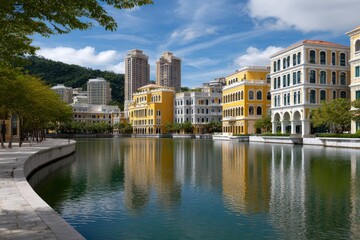 Obraz premium Waterfront cityscape Buildings reflect in water with hills backdrop blue sky