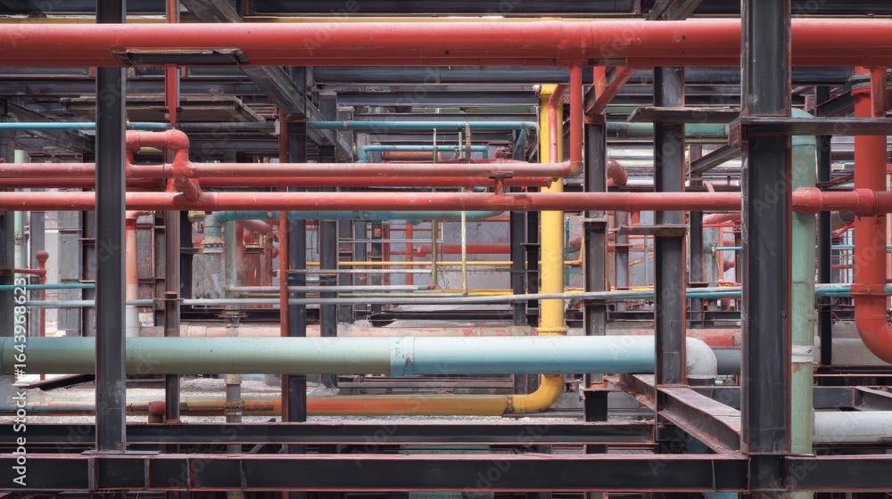 Poster complex arrangement of colorful pipes in mechanical structure