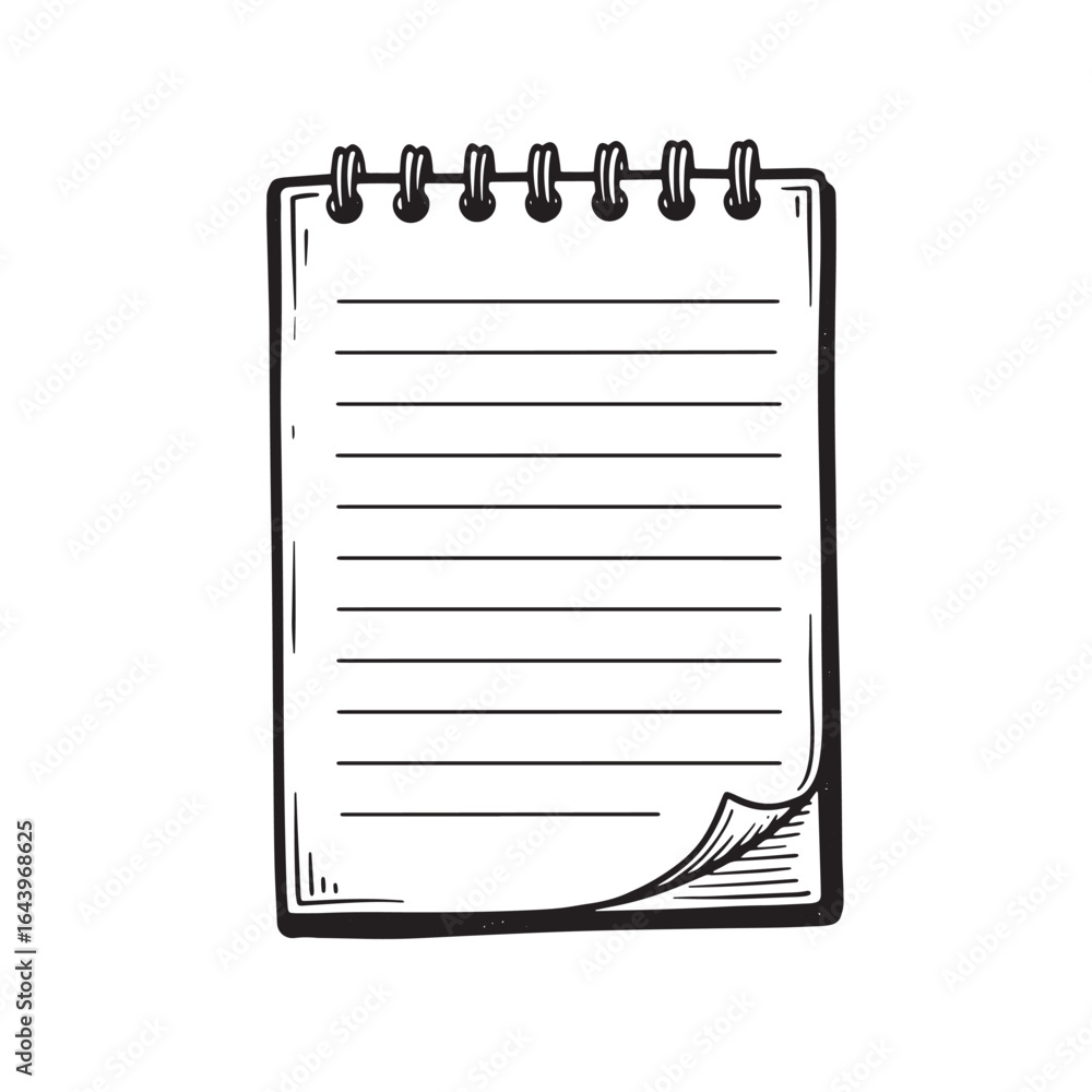 Poster hand drawn sketch of a lined notebook with curled corner and spiral binding