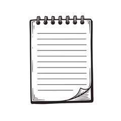 Hand drawn sketch of a lined notebook with curled corner and spiral binding