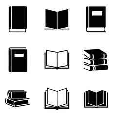Collection of Nine Monochrome Book Icons Closed Open Stacked