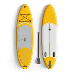Two yellow inflatable paddleboards, one showing top and the other underside, with a paddle