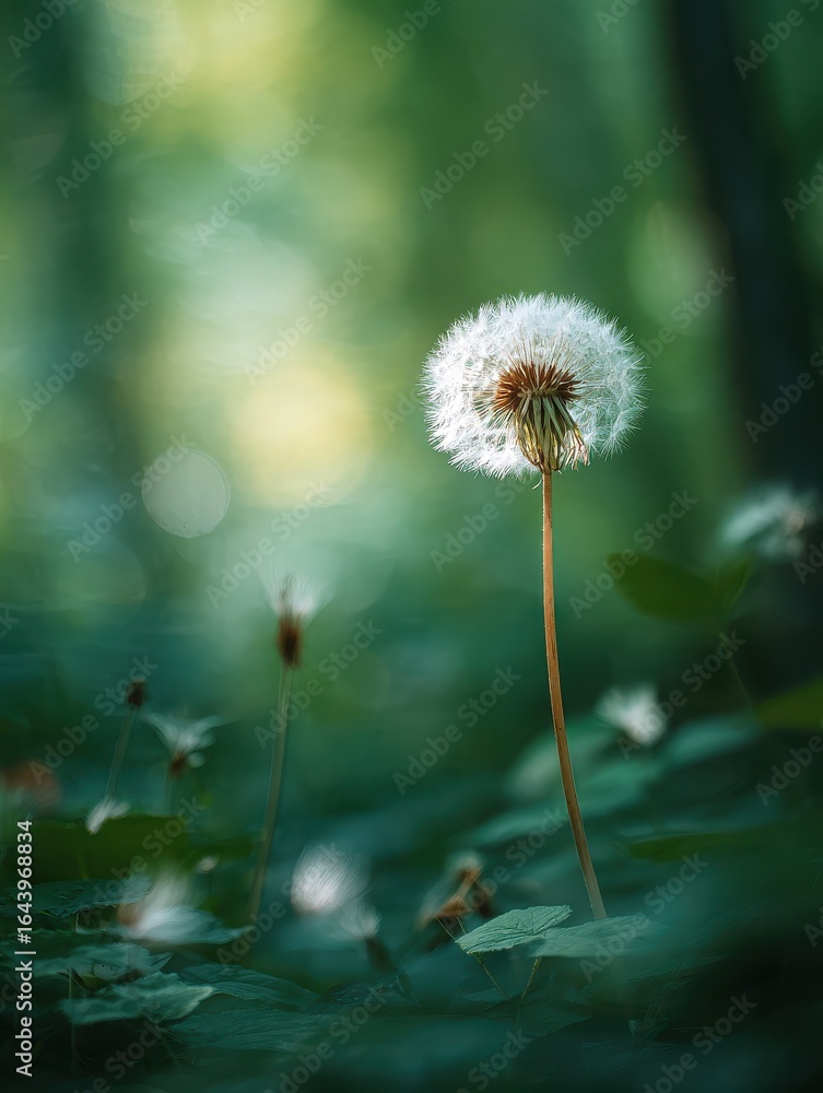 Aufkleber white dandelion in a summer forest macro image shallow depth of field abstract summer nature backgro