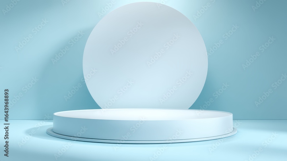 Poster minimalistic light showcase with round display on soft blue background