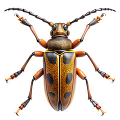 Detailed macro view of a colorful beetle with spotted elytra on black background on transparent background