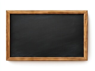 Rectangular chalkboard with a light brown wooden frame, featuring a dark gray surface with visible chalk residue, isolated on a white background