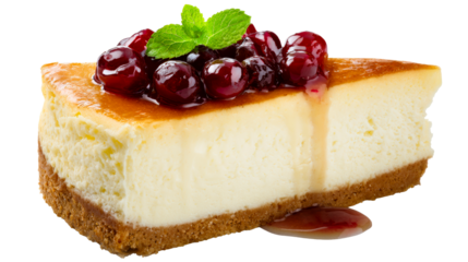 Slice of cheesecake with cherry topping and mint leaf on white