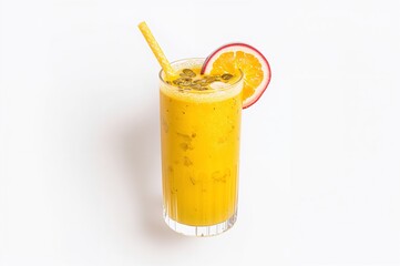 A yellow smoothie garnished with an orange slice and pumpkin seeds.