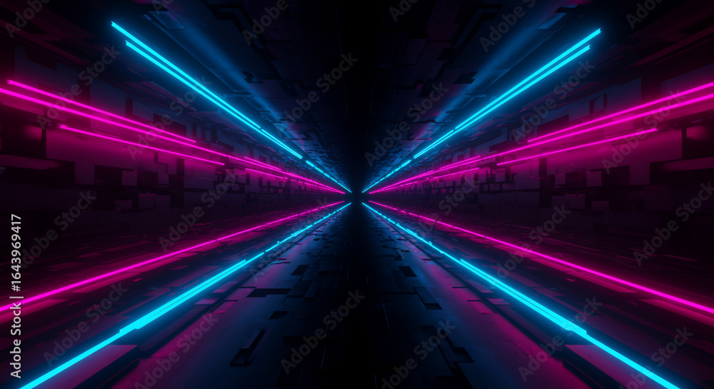 Poster abstract image featuring converging neon lines of pink and blue, creating a symmetrical, futuristic 