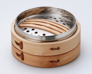 Two-tiered bamboo steamer with stainless steel insert and wooden supports, shown disassembled on a white background