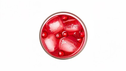 Fototapeta premium A top-down view of cold red drink with ice and floating cranberries.