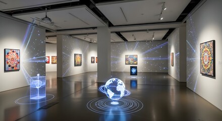 Photo of art gallery featuring modern installations and hologram projections creating a futuristic exhibition space