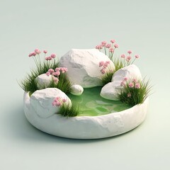 Miniature Zen Garden with White Rocks and Pink Flowers small tiny