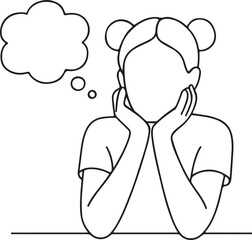 line drawing of a girl in thought with hair buns and thought bubble vector art illustration