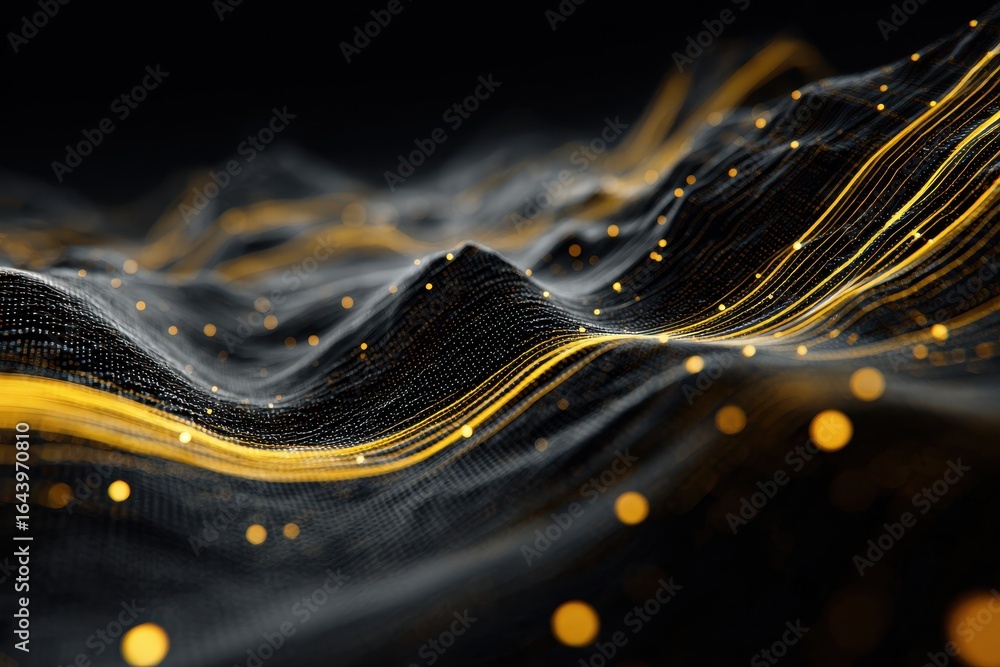 Poster digital waves of light create a mesmerizing display of movement in a dark space during a virtual art