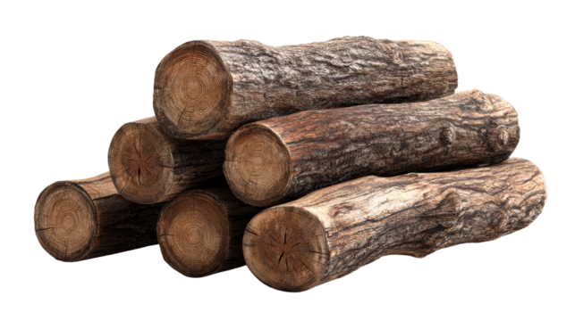 Stacked weathered logs with visible grain on white