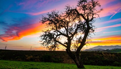 Lone tree silhouette dramatic sunset