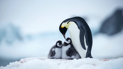 An emperor penguin nurturing its adorable chicks in a snowy landscape. - Powered by Adobe