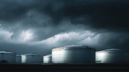 Obraz premium Massive Fuel Storage Tanks under Dramatic Stormy Sky