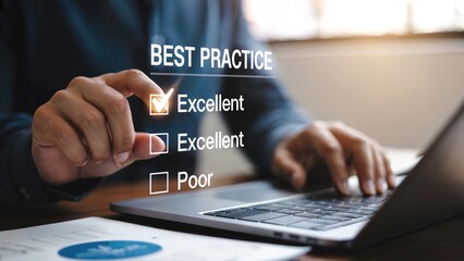 Achieve excellent results with best practice checklist on laptop showing quality assurance and compliance standards