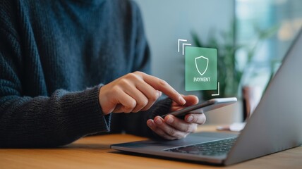 Secure Mobile Payment - A person's hand using a smartphone with a glowing shield and "PAYMENT" text, symbolizing secure online financial transactions