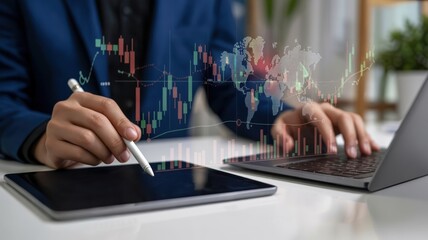 Global Financial Analysis - A man using a digital pen on a tablet and a laptop, with a world map and financial charts, for international market analysis