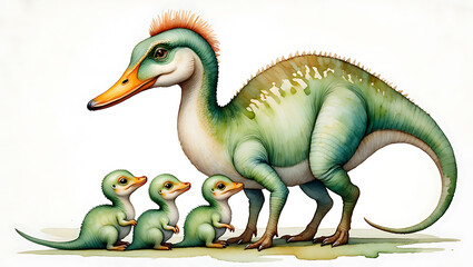 Obraz premium Watercolor dinosaur mother nurtures her three adorable baby hatchlings
