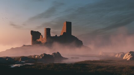 Obraz premium Mystical Medieval Castle Ruins at Dawn with Ethereal Mist