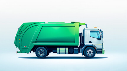Clean modern green and white garbage truck for urban sanitation and waste management. A refuse collection vehicle city recycling services and essential infrastructure.