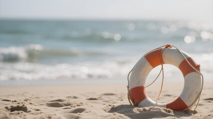 Lifeguard rescue ring on beach sand near sea shore