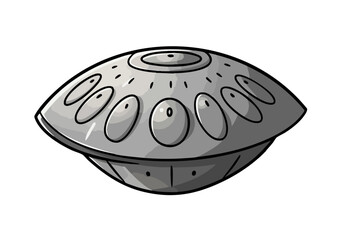 stylized metallic Island Rhythm Icon - a circular UFO-shaped percussion instrument Clean lines and a modern design