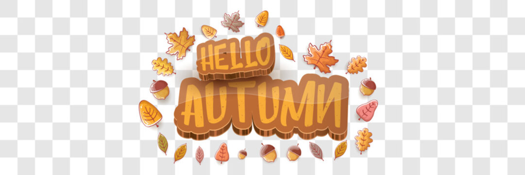 vector hello autumn horizontal banner or label with text and falling autumn leaves on transparent horizontal background. Cartoon hello autumn poster, flyer or wide banner - Powered by Adobe