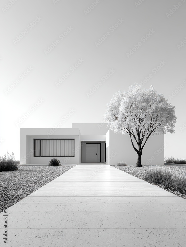 Poster minimal architecture is depicted in a 3d rendering of a contemporary white house with a garage entrance copy space image place for adding text or design
