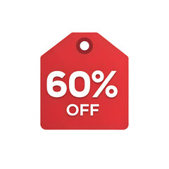 Red tag with sixty percent off discount isolated on transparent background