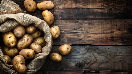 Fresh potatoes spilling from burlap sack onto rustic wooden planks tabletop