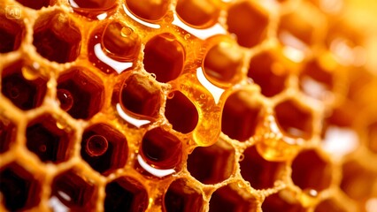 Closeup of a golden honeycomb with honey drops in the cells