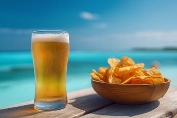 cold beer in clear glass, kettle chips in bamboo bowl,