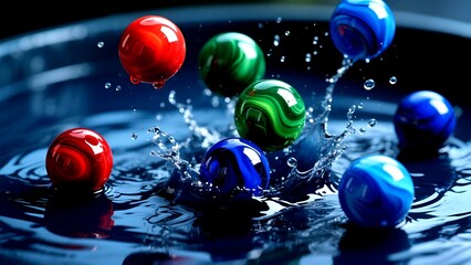 Colorful marbles splashing in water, creating a dynamic and vibrant composition