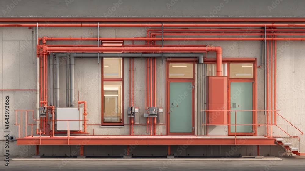 Poster modular architecture with exposed pipes in industrial design setting