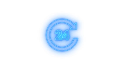 Neon glowing 24 hour refresh arrow icon on transparent background symbolizing continuous operation, full-time service, always active, loop cycle, modern technology, digital availability concept design