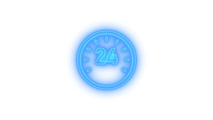 Neon glowing 24 hour clock icon on a transparent background, representing nonstop service, time,...