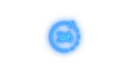 Neon glowing 24 hour rotating arrow icon with dashed clock outline on transparent background representing continuous cycle, around the clock service, time management and nonstop digital operation