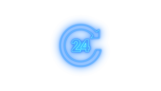 Neon glowing 24 hour refresh arrow icon on transparent background symbolizing continuous operation, full-time service, always active, loop cycle, modern technology, digital availability concept design