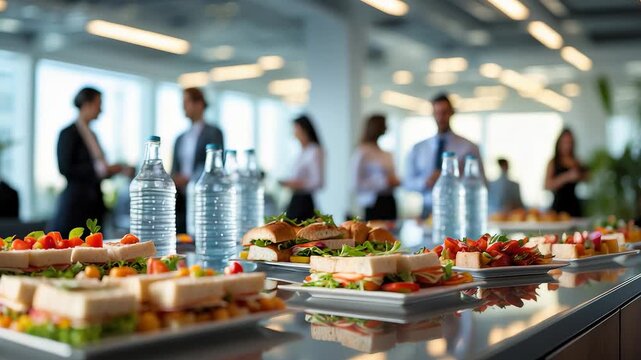 Office Catering Buffet Sandwiches Water Bottles Business Meeting Food Spread Indoor Event