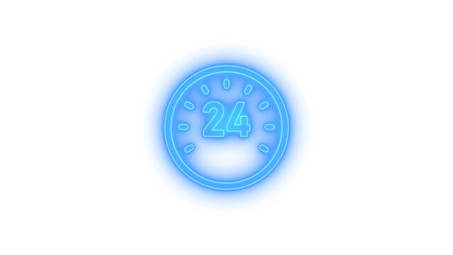 Neon glowing 24 hour clock icon on a transparent background, representing nonstop service, time, open availability, glowing cyberpunk blue light, futuristic digital time, and countdown