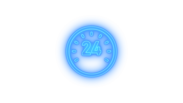 Neon glowing 24 hour clock icon on a transparent background, representing nonstop service, time, open availability, glowing cyberpunk blue light, futuristic digital time, and countdown - Powered by Adobe